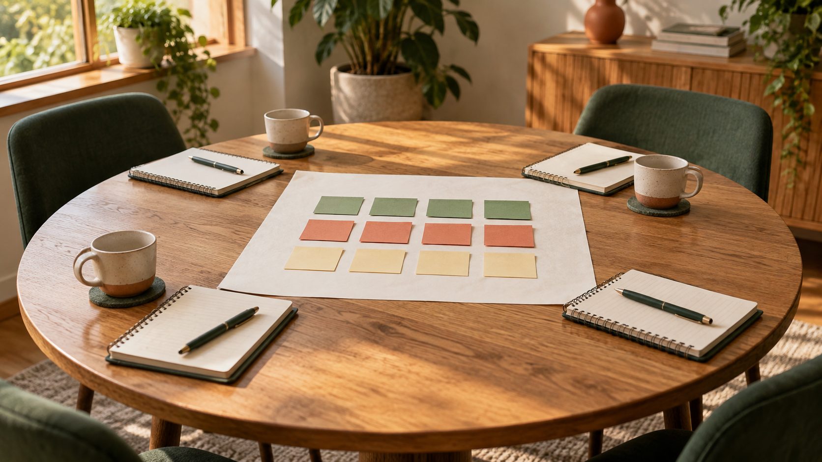 Shared planning materials arranged around a meeting table